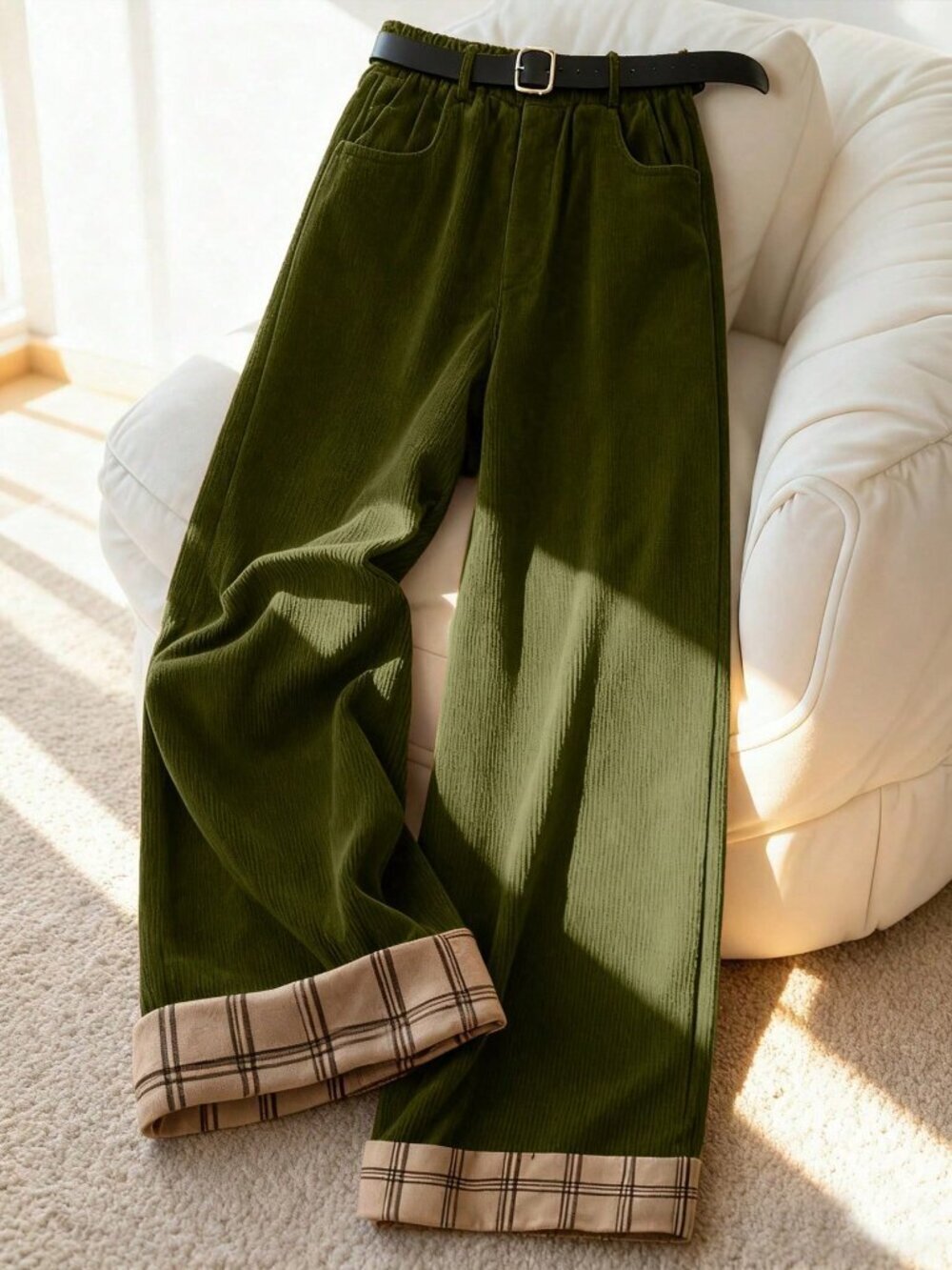 Olive Green Casual Women's Army Corduroy Wide Leg Pants with Plaid Cuff Pockets